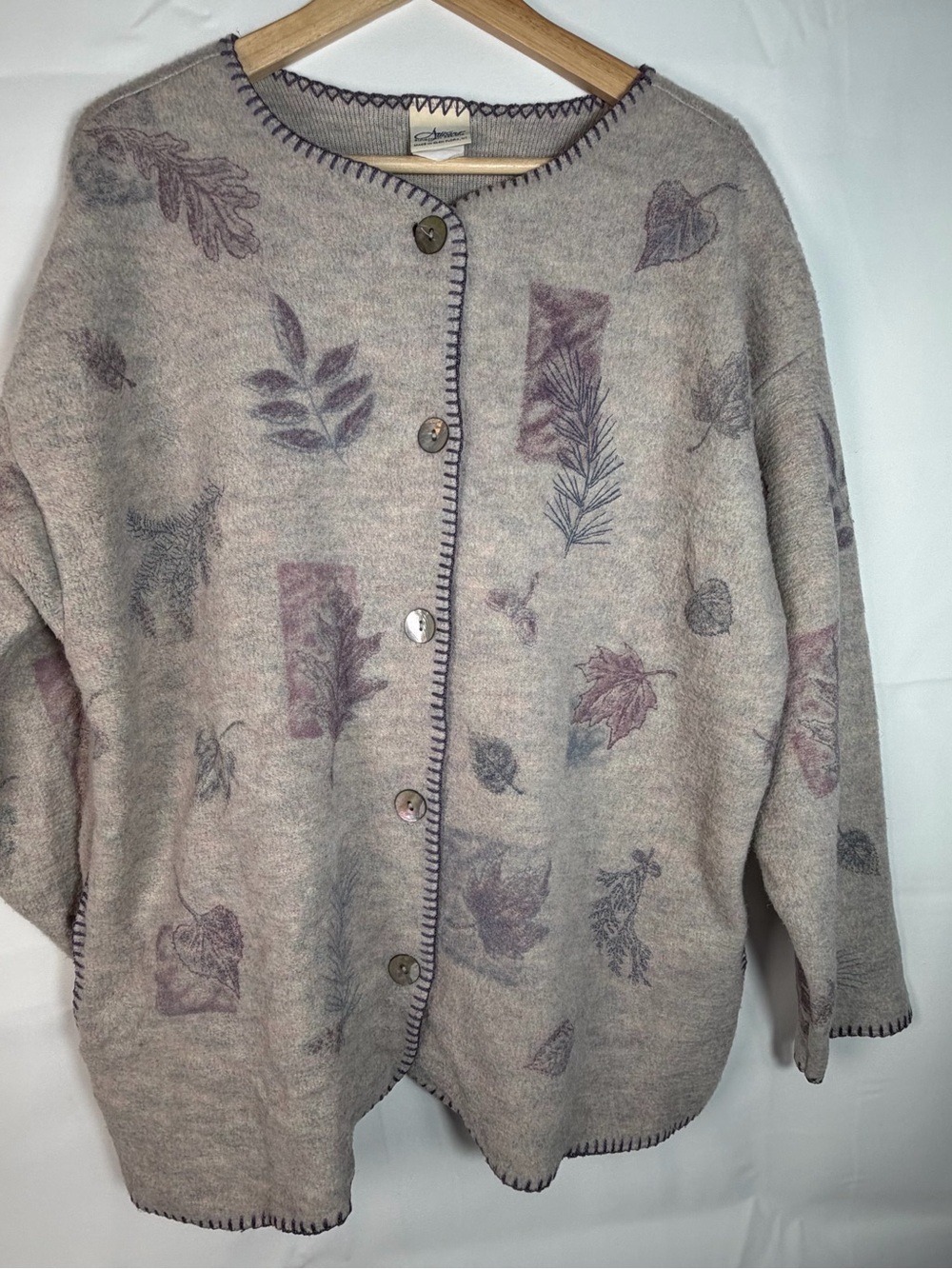 Vtg Artisans Sunschein Designs Leaf Print Button Up Cardigan Sweater XL Fall
